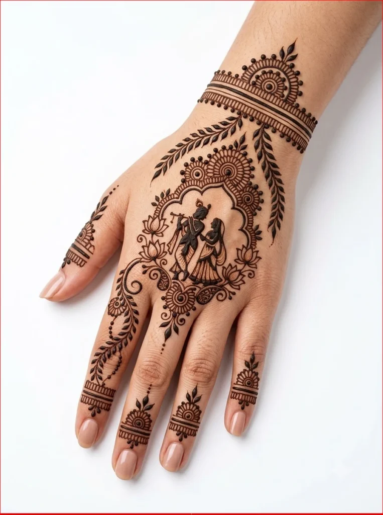 Peacock and Radha-Krishna motifs mehndi design on back hand with elegant floral patterns.