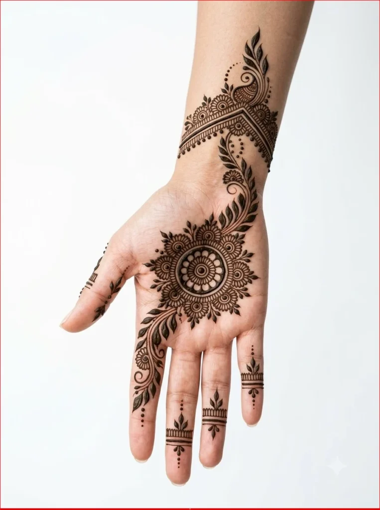 Why Savan Mehandi Design 2026 Is So Special – Simple floral mehndi design on front hand with elegant leaf patterns.