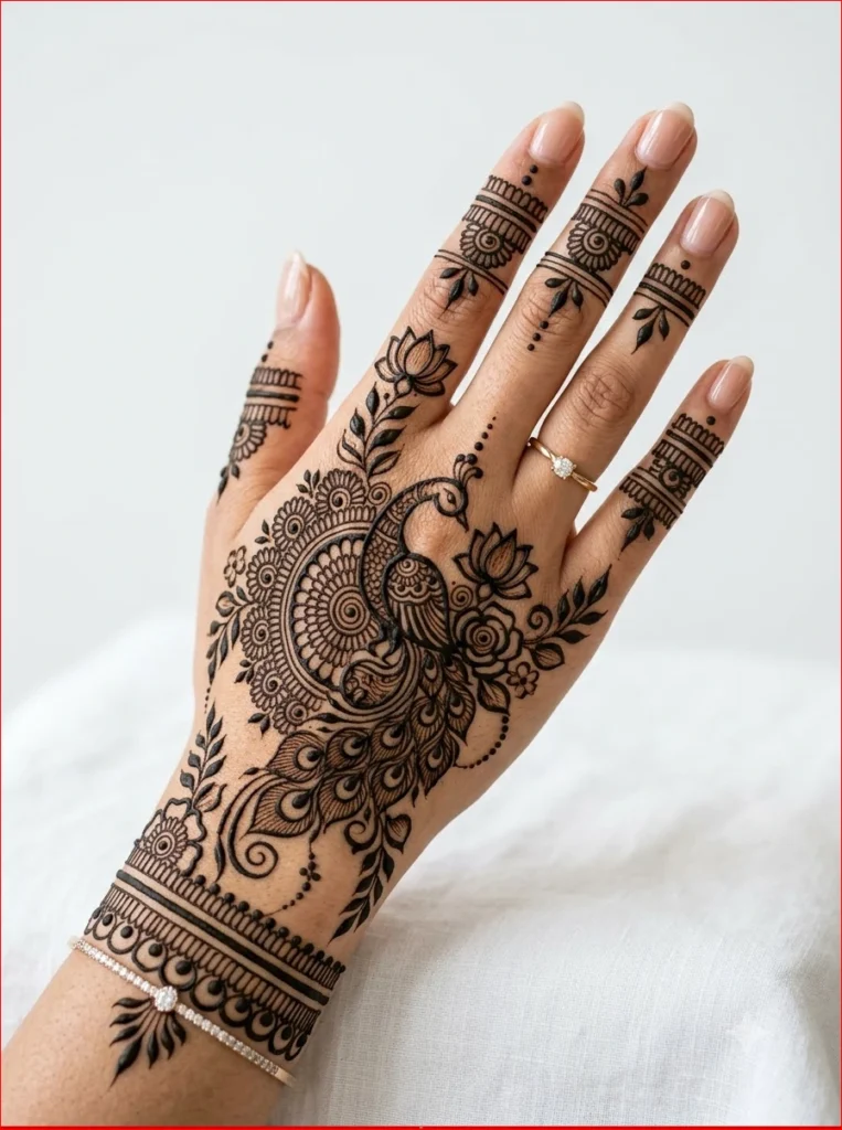 Minimal Peacock and Radha-Krishna motifs henna pattern featuring delicate peacock feathers.